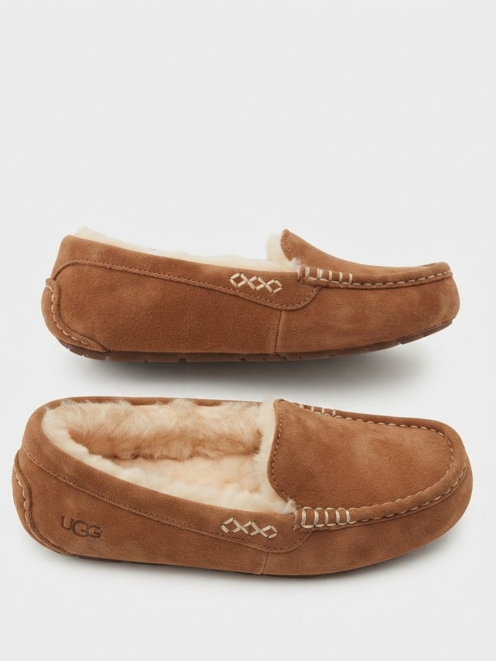 UGG Ansley Moccasin Slip Ons- Suede with Wool Lining - Chestnut Color
